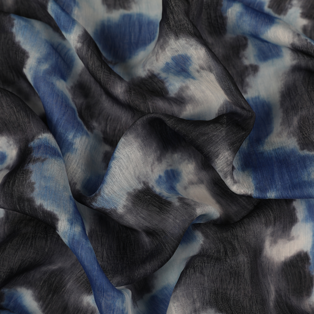 Abstract Printed Organza - Blue and Black